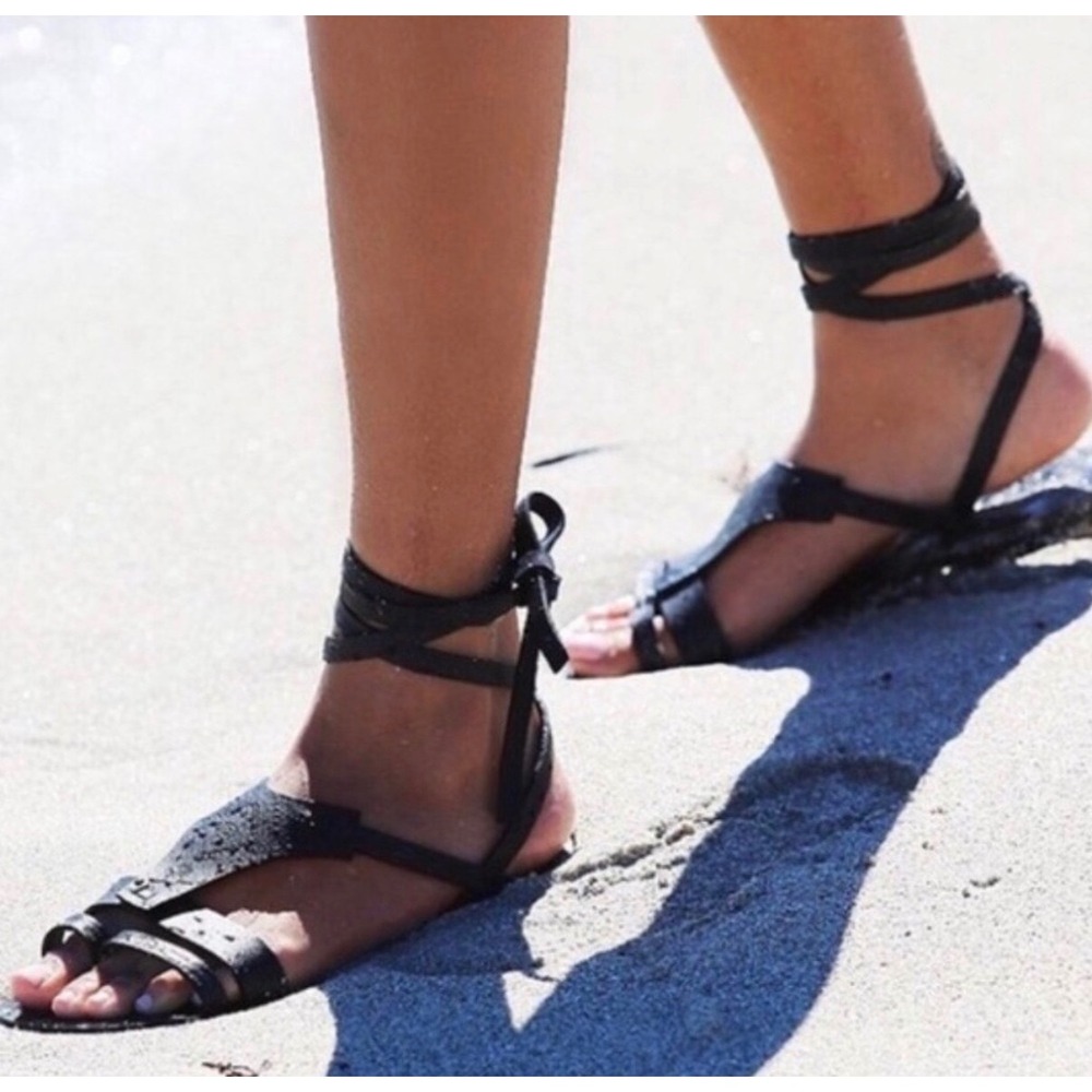 Free People Black Leather Lace Up Gladiator Sandals 37